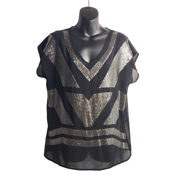 Design History Tops - Design History Womens Silver Black Sheer Sequin Short Sleeve V-Neck  Blo…